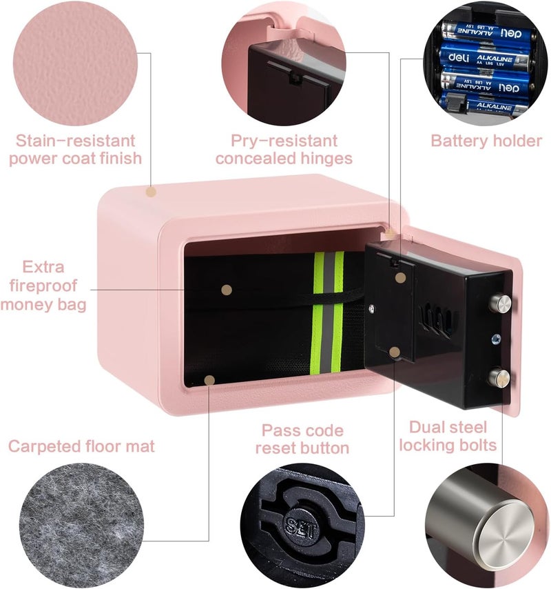 Locksworth 0.23 Cubic Feet Safe Box, Small Safe W/Fireproof Bag, Keys & Pass Code, Digital Electronic Security Money Box for Cash, Document, Home, Office, Hotel Use, Pink, 6.69"D x 9.06"W x 6.69"H - Image 5